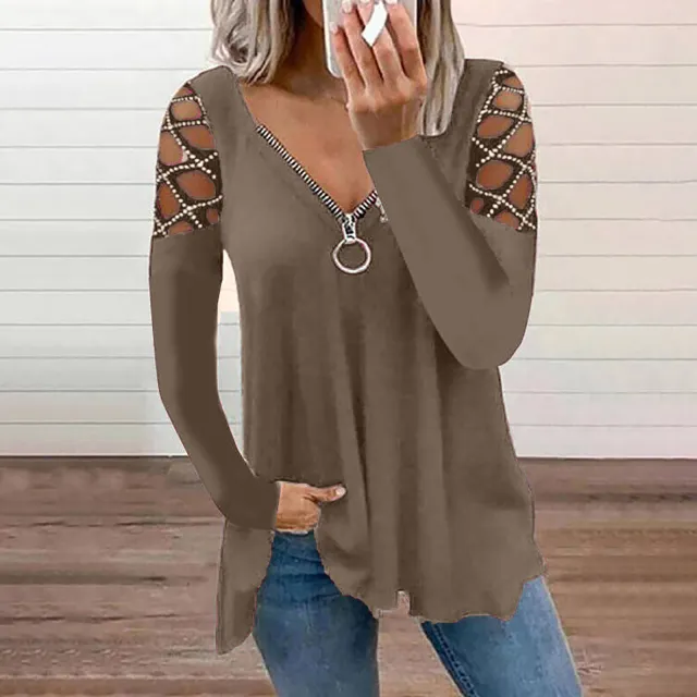 Autumn And Winter New Fashion V neck Solid Color Hollow Sleeve Rhinestone Casual Top Women's T Khaki - Shop at LoveMi
