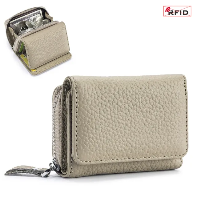 Women's Leather Tri fold Mini RFID Wallet Large Capacity Storage Bag Gray - Shop at LoveMi