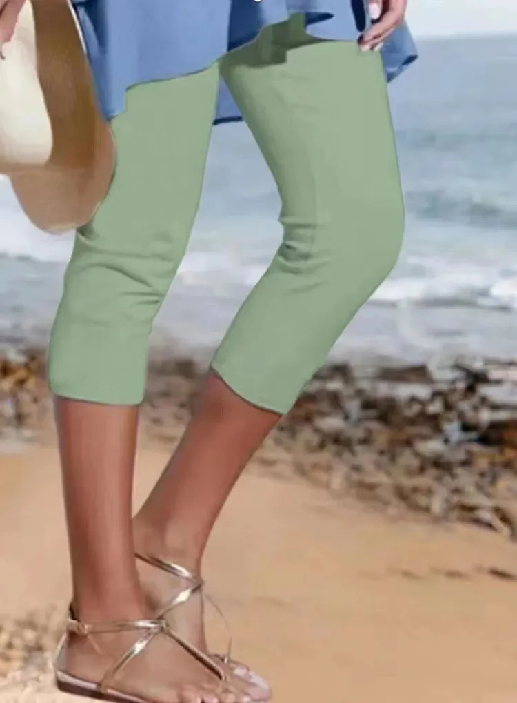 Summer Women's Plain Casual Leggings - Light Green