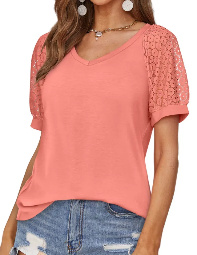 V neck Lace Stitching Casual T shirt For Women Peach S - Shop at LoveMi