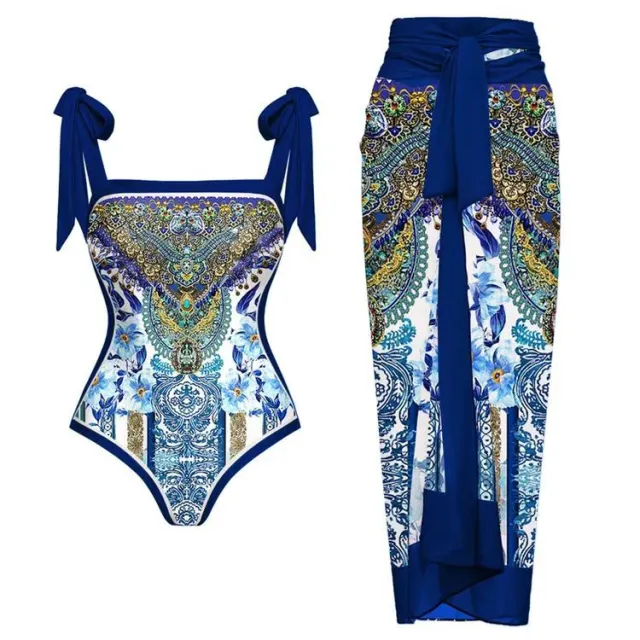 Siamese Conservative Covering Belly Thin Swimsuit French Retro One piece Bikini Blue - Shop at LoveMi