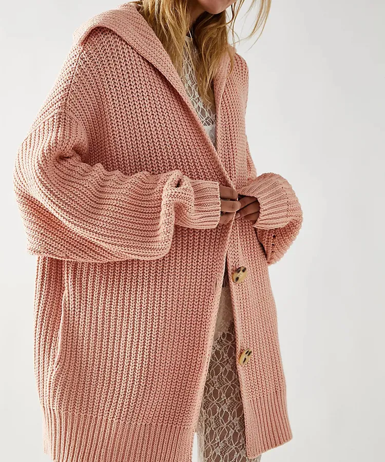 Women's Lapel Pocket Knitted Cardigan Button Mid-length Coat - Pink
