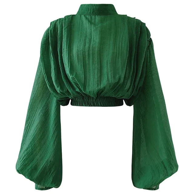 Lantern Sleeve Shirt Stand Collar Long Sleeve Peplum Top Green - Shop at LoveMi