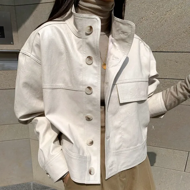 Autumn Simple Versatile Stand Collar Single breasted Loose Long Sleeve Beige - Shop at LoveMi