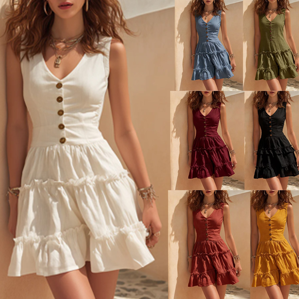 Sleeveless Linen Fashionable Casual Button-Up Dress