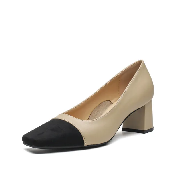 Classic Style Chunky Genuine Leather Pumps Temperament Color Matching Low cut Mid Heel High Heels Apricot - Shop at LoveMi