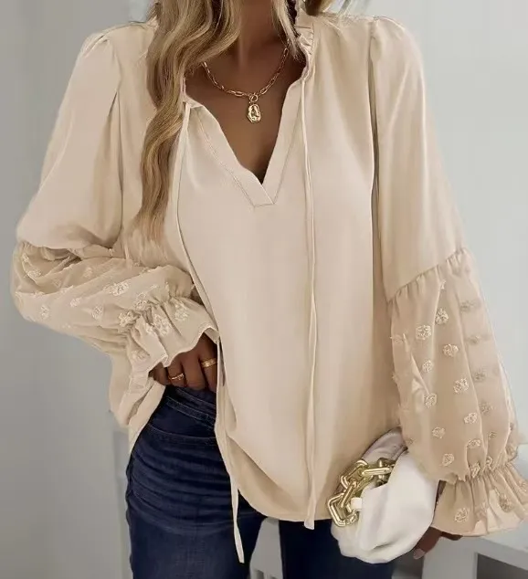 Solid Color Jacquard Long sleeved Shirt Patchwork Top Temperament Apricot - Shop at LoveMi