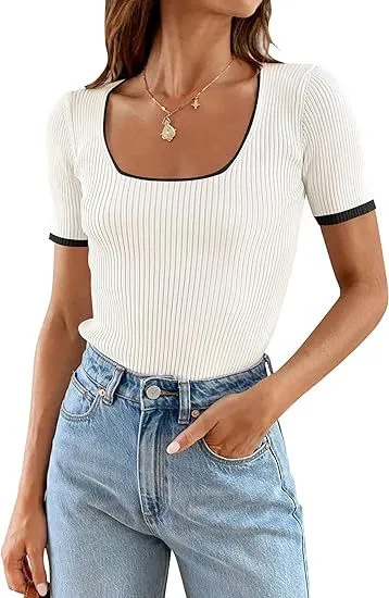 Square Collar Basic Short Sleeve T shirt Casual All matching Tops White - Shop at LoveMi