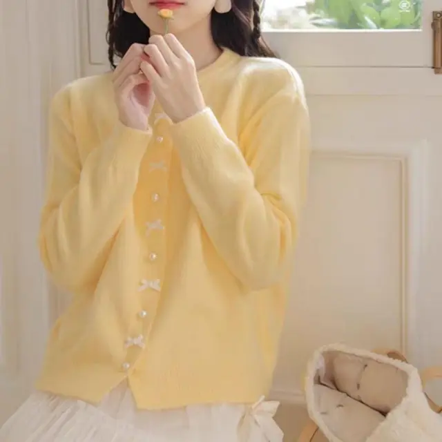 Women's Solid Color Spring And Autumn Bow Pearl Button Sweater Dark Yellow - Shop at LoveMi
