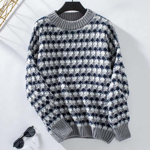 Women's Knitwear Round Neck Loose Pullover Stripes Gray - Shop at LoveMi