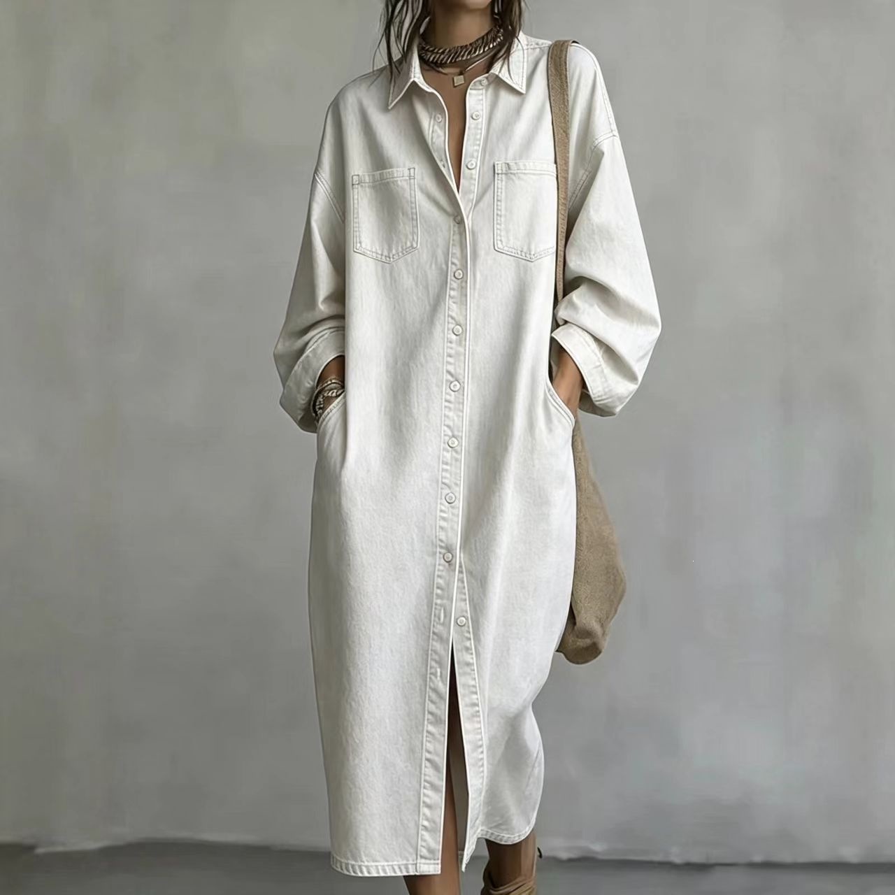 Single-breasted Loose-fit Denim Shirt Casual Dress