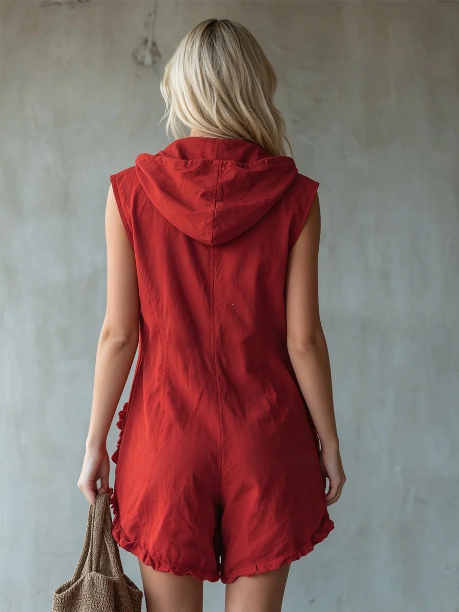 Women's Retro Cropped Jumpsuit in Blue – hooded zip-up sleeveless cotton linen casual