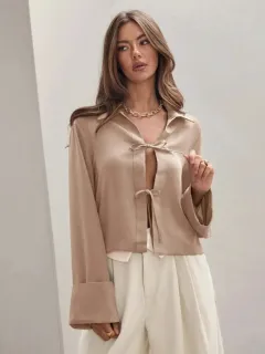 Women's Long Sleeve Bowknot Cardigan Lace-up Shirt - Khaki - View 1