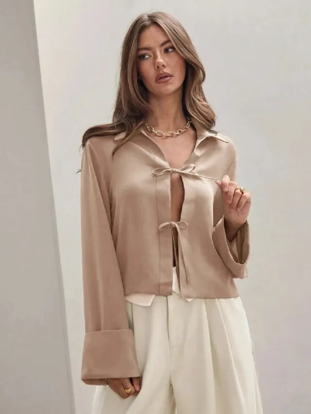 Women's Long Sleeve Bowknot Cardigan Lace up Shirt Khaki - Shop at LoveMi