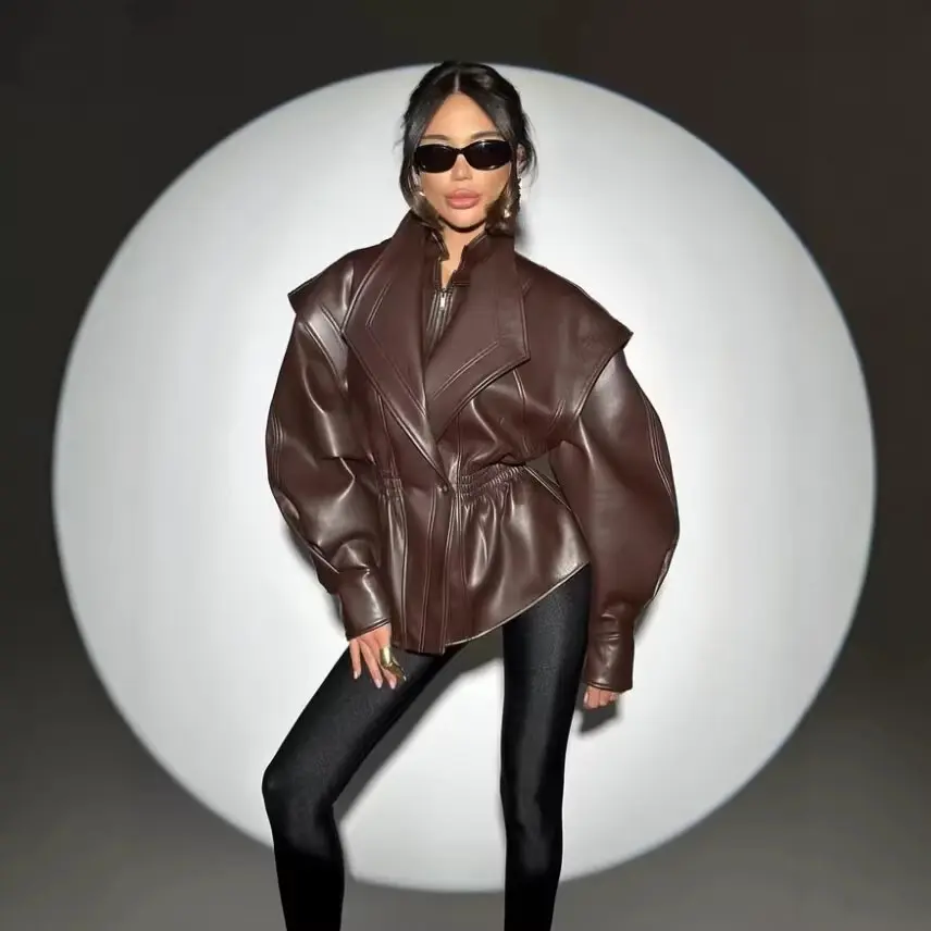 Turn-down Collar Loose Leather Jacket Womens Top