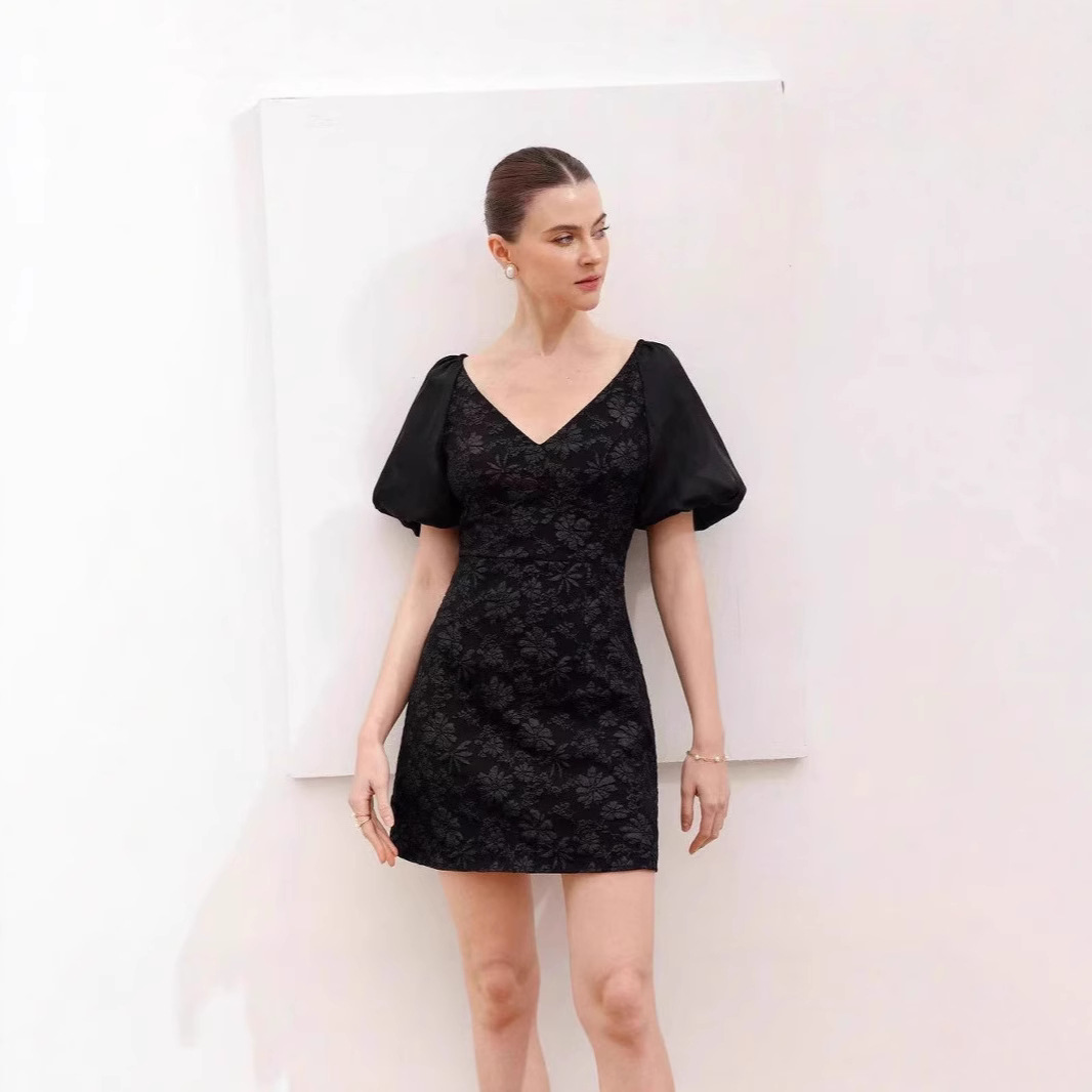 Retro Waist Cinching Lace Up Patchwork Pleated Sleeve Dress Black - Shop at LoveMi