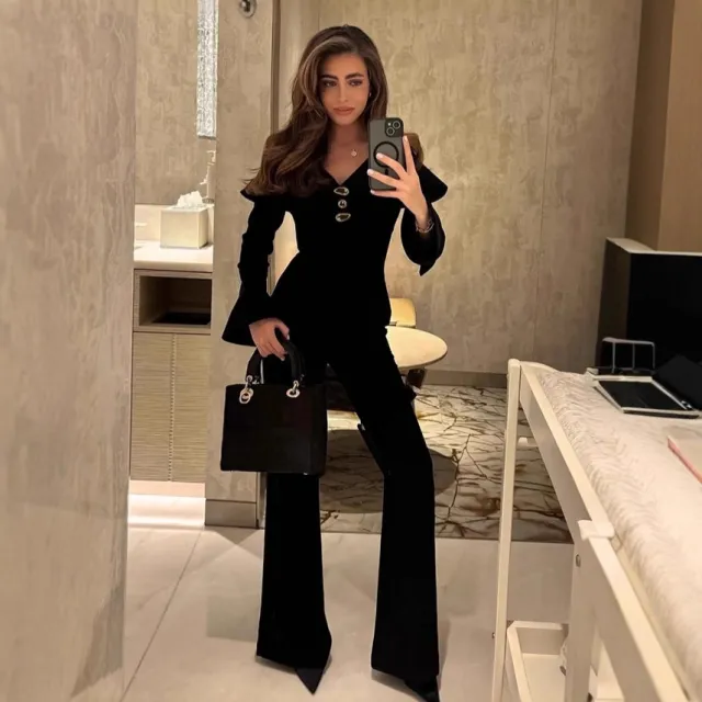 Black V neck Waist cropped Top And Pants Two piece Set For Women Black - Shop at LoveMi