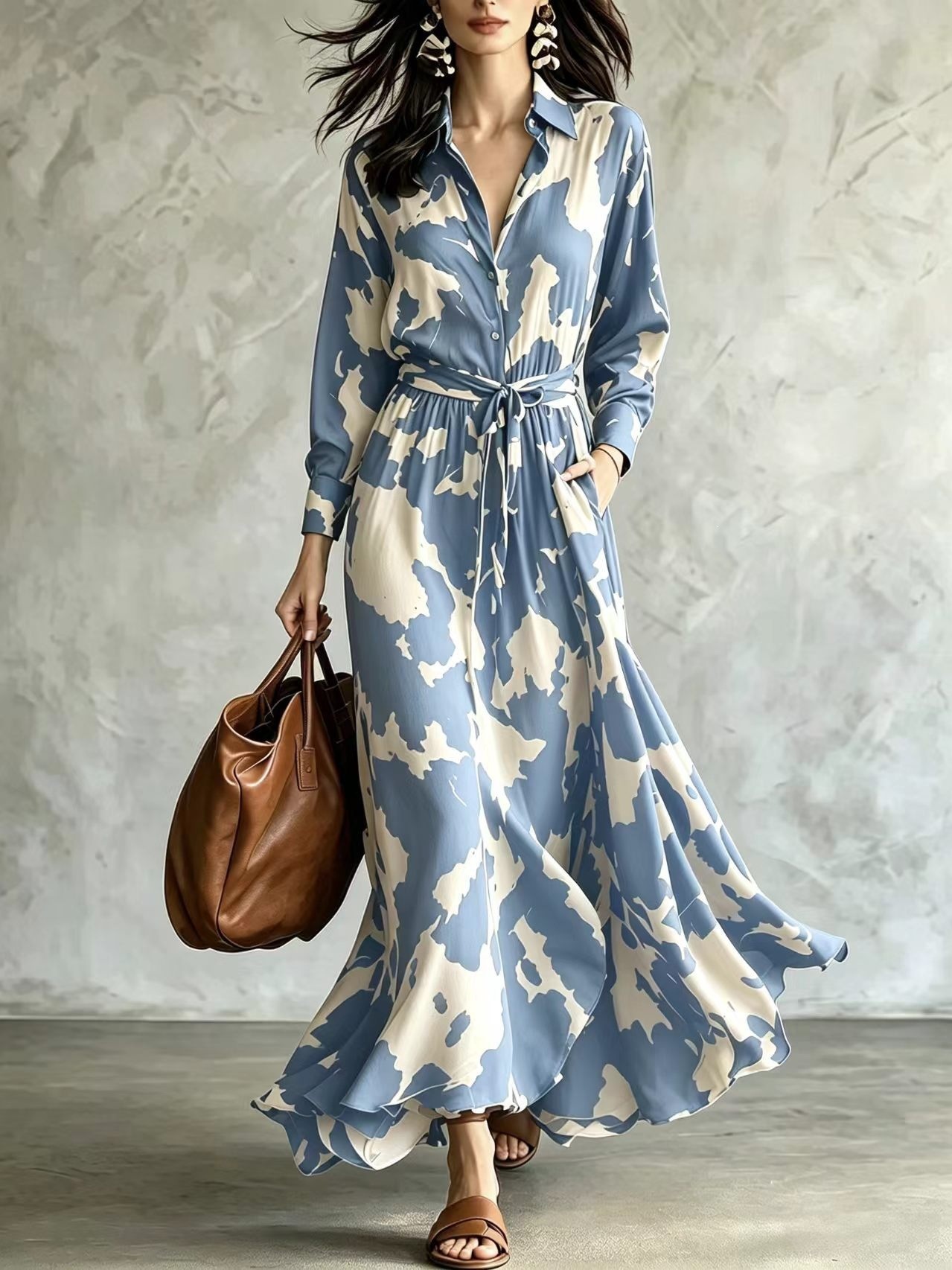 Cow Patterned Long Sleeved Shirt With Waist Cinching And Large Swing Long Dress For Women