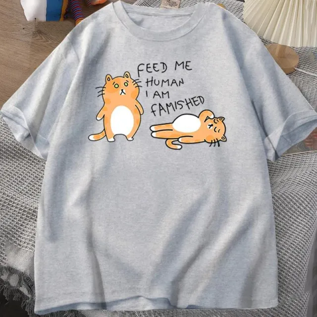 Men Women Fuuny Cat Lovely Print T Shirt Summer Cot Grey - Shop at LoveMi