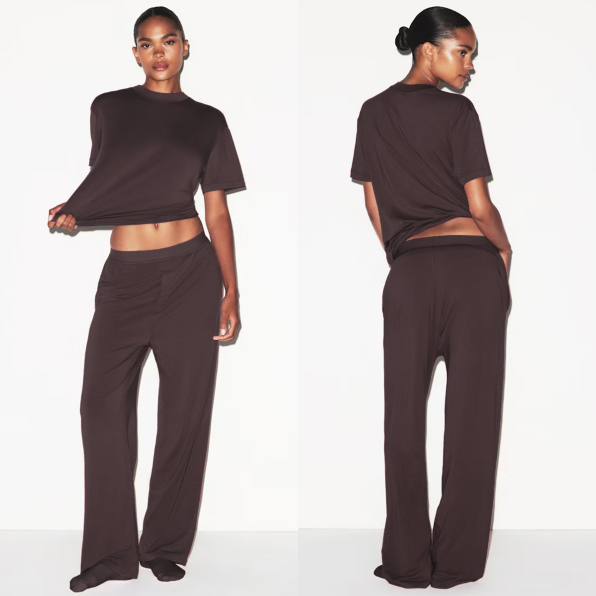 Womens Casual Loose Short-Sleeve Top And Wide-Leg Pants Set