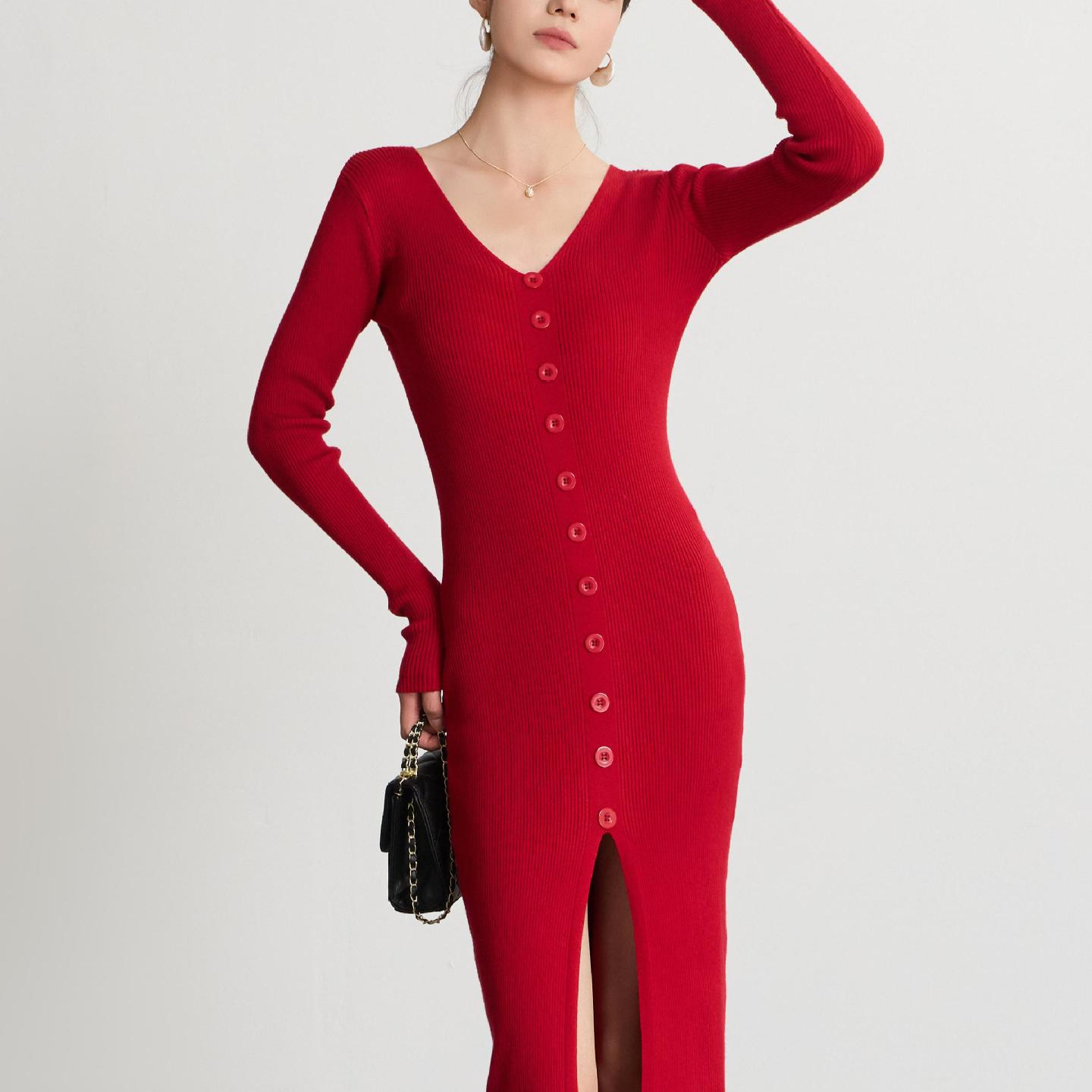 V-neck Knitted Dress Slim Slimming Temperament Single-breasted Hip-wrapped Mid-length Dress