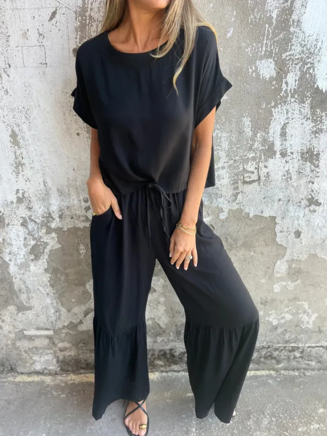 Short sleeved Suit Summer Round Neck Pullover Top And Drawstring Wide leg Pants Fashion Set For Women Clothing Black - Shop at LoveMi