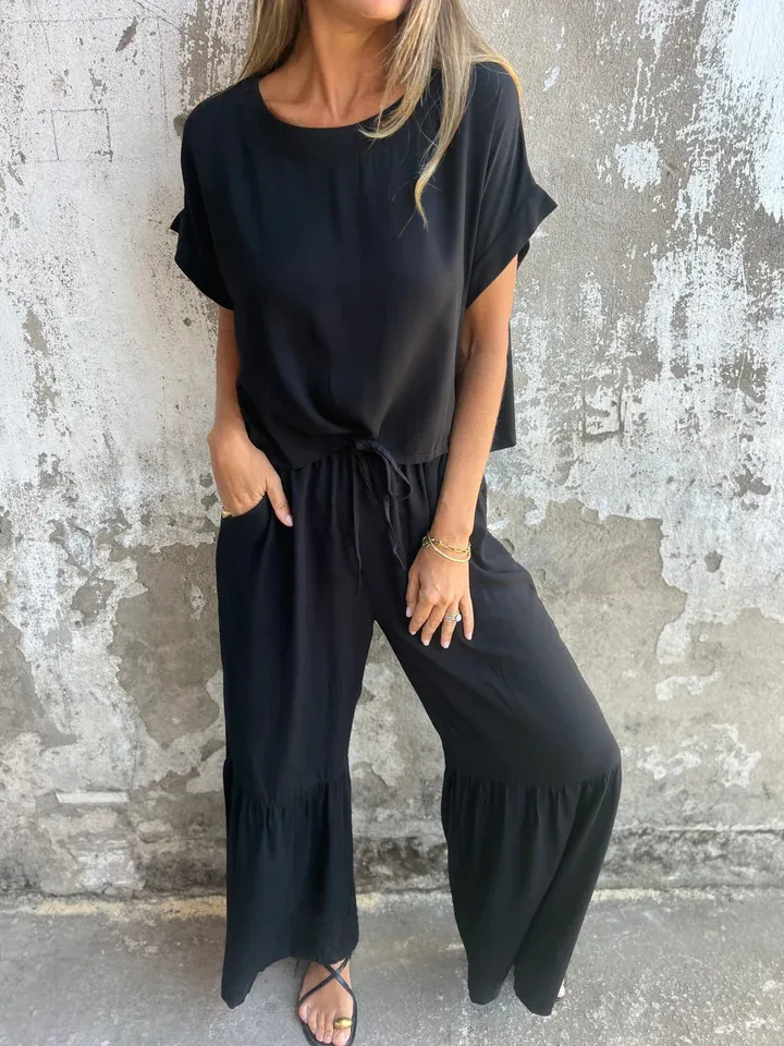 Short-sleeved Suit Summer Round Neck Pullover Top And Drawstring Wide-leg Pants Fashion Set For Women Clothing - Black