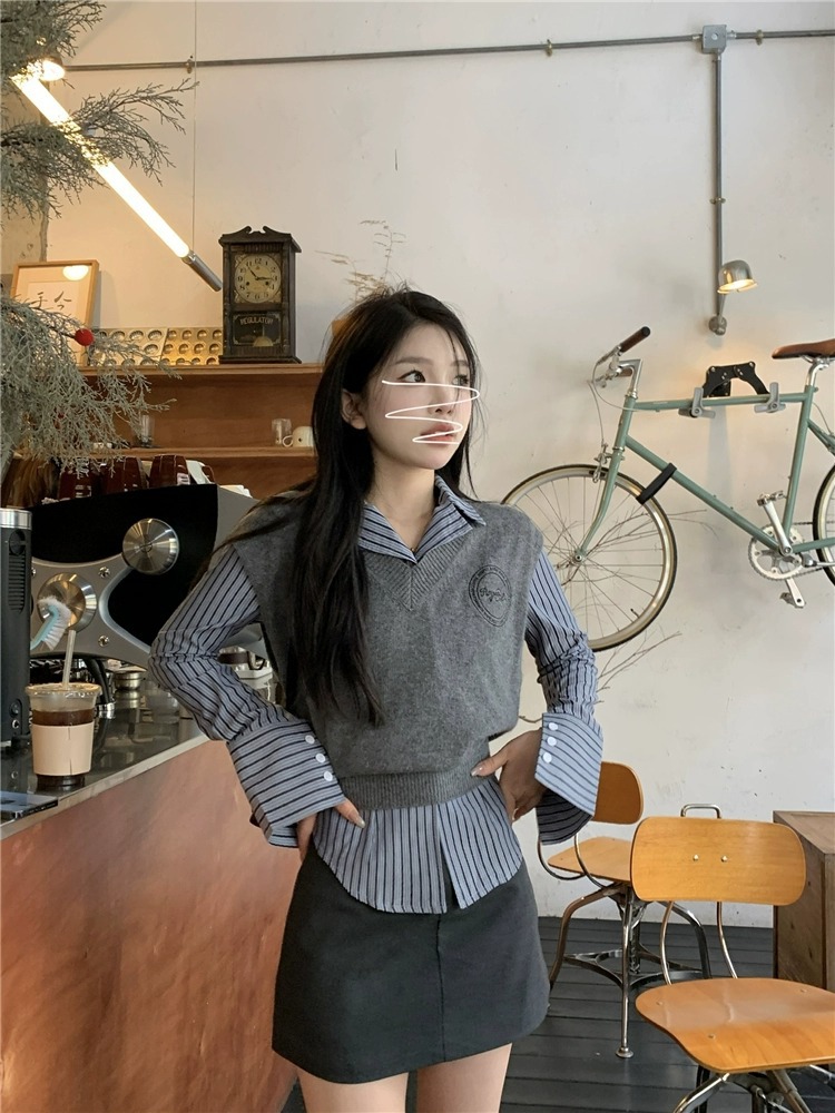 Ladies' Vest Stripes Shirt Skirt Suit