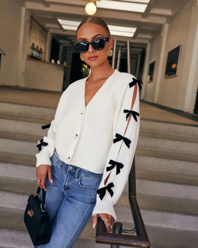 Women's Versatile Casual V neck Knitted Bow Jacket White - Shop at LoveMi