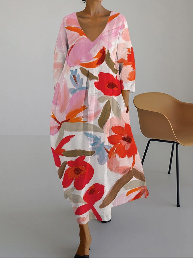 Women's 3D Digital Printed V-neck Loose Long Dress