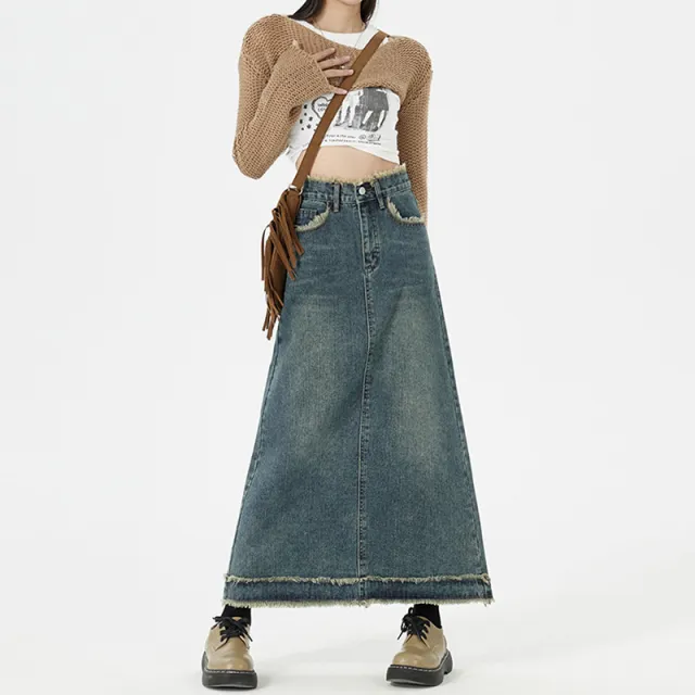 Retro Fashion Hip Denim Long Skirts Women Retro Blue - Shop at LoveMi