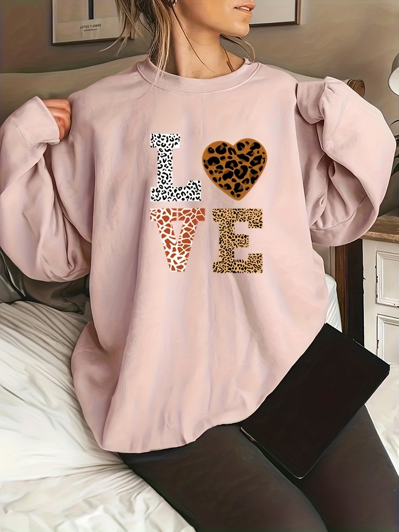 Title 4, Round Neck Leopard Print Love Plus Size Sweater...