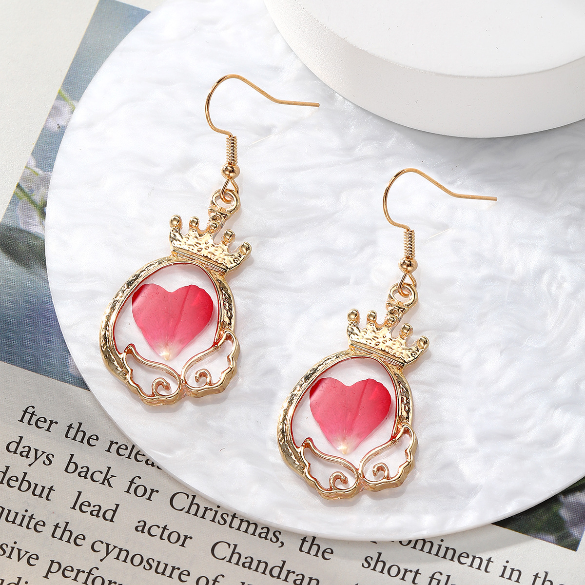 Red New Style Series Dried Flower Earrings Transparent Epoxy