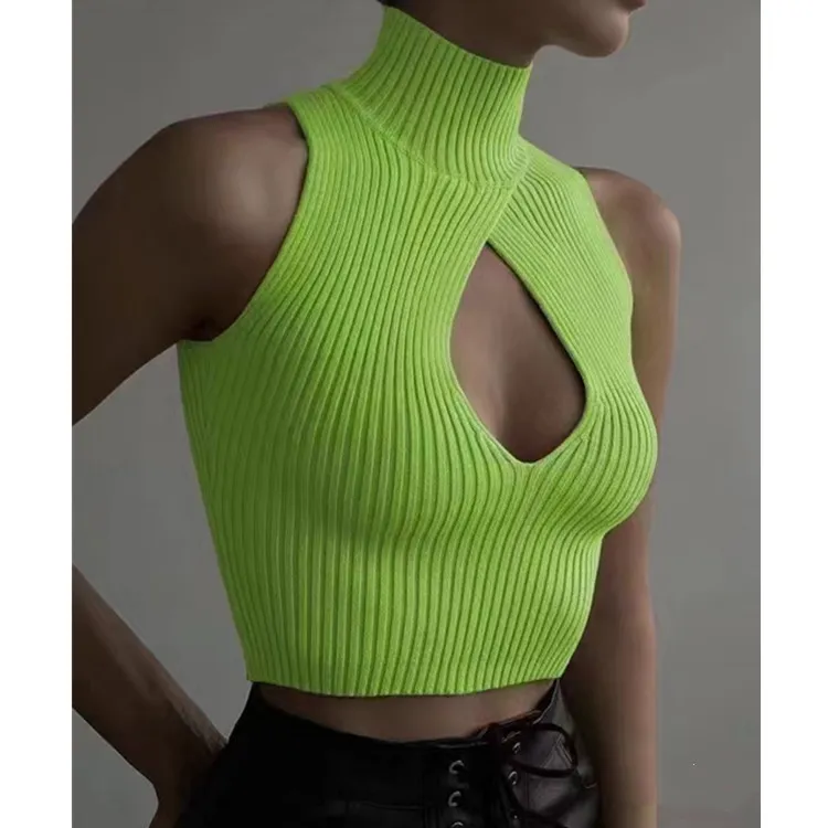 Short Vest High Collar Exposed Navel Niche Pure Sweater Top - Green