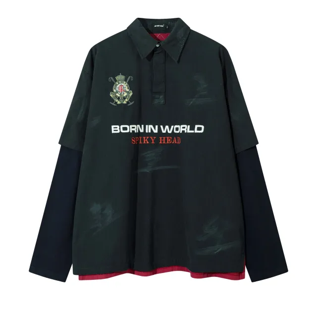 High Street American Color Matching Letters Embroidered Lapel Long Sleeve Casual Top Sapphire Blue - Shop at LoveMi