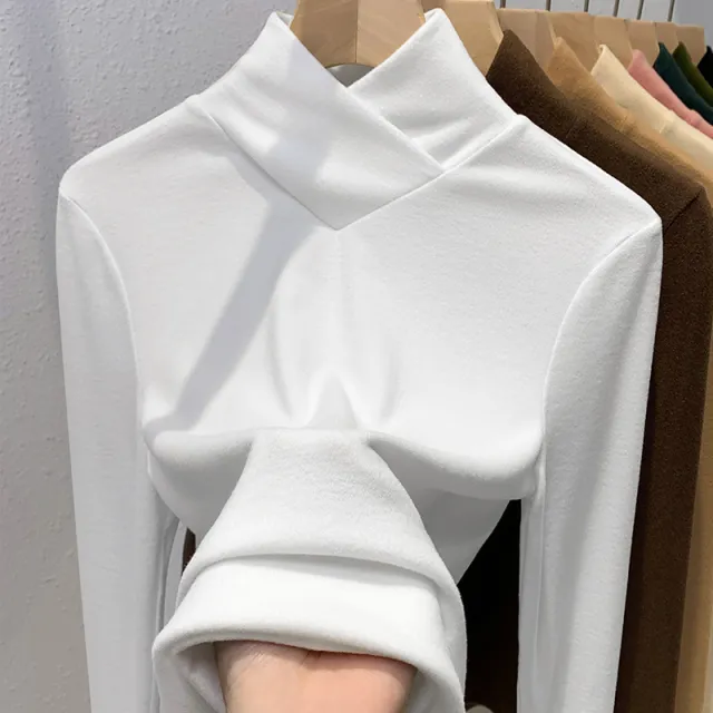 Double sided Bottoming Shirt Sweater Basic Round Neck Brushed Long Sleeve Keep Warm Inner Match Overlapping Collar White - Shop at LoveMi