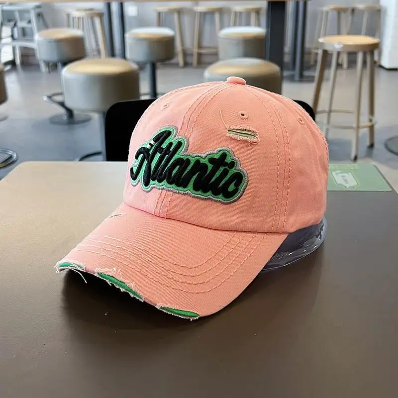 Cotton Retro Tattered Jeans Letter Embroidered Baseball Cap