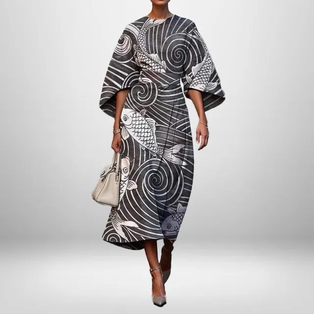 Women's Elegant Fashion Print Round Neck Long Dress Black And White Fish Pattern - Shop at LoveMi