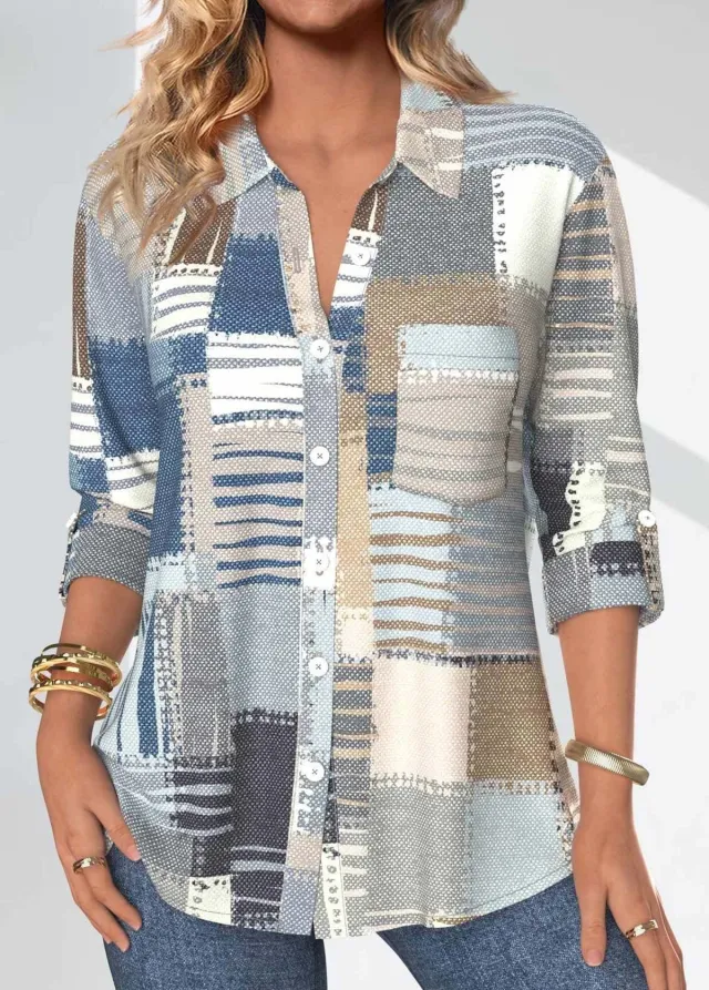 Casual Polo Collar Women's Plaid Simple Floral Print Mid length Sleeves Shirt 7 White Line C324 - Shop at LoveMi