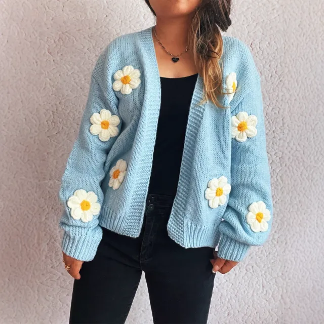 Casual Knitted V neck Stitching Flower Cardigan Sweater Blue - Shop at LoveMi
