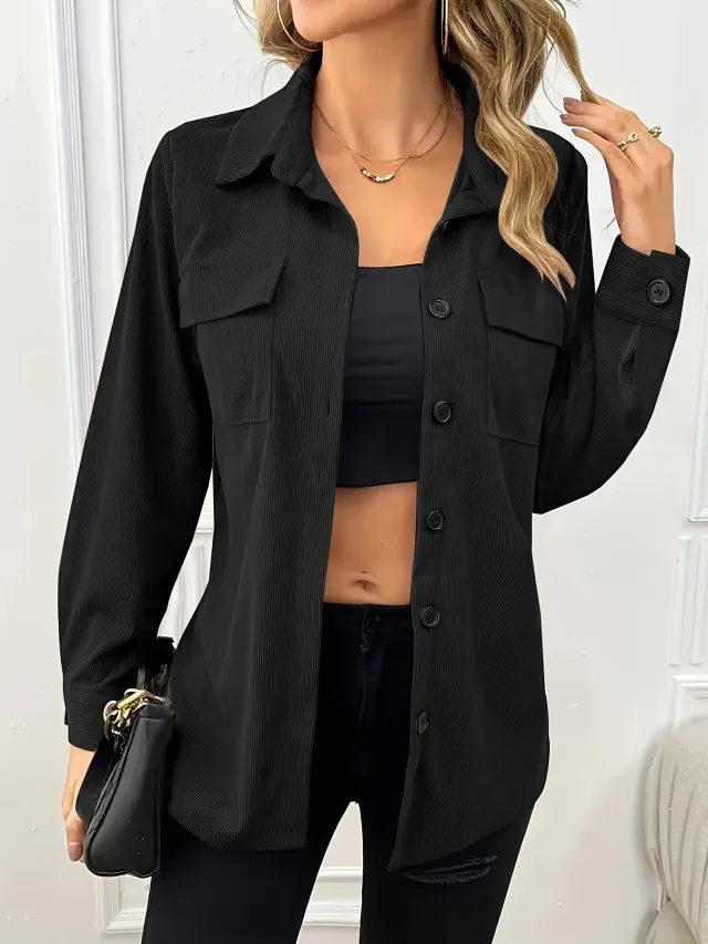 Corduroy Lapel Shirt Vintage Cardigan Pocket Shirt Coat Women Black - Shop at LoveMi