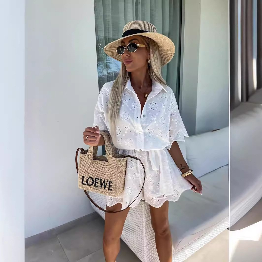 Women's Solid Color Embroidered Lace Shirt Jumpsuit