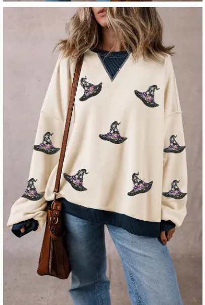 Hat Printed Sports Long Sleeve Pullover Loose Round Neck Sweater - Shop at LoveMi