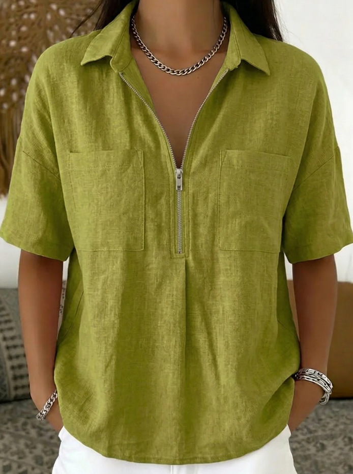 Loose-fit Lapel Short-sleeve Casual V-neck Zip-up Shirt 19 de8b4cdb e337 435d 9494 b9470a56f690