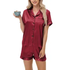 Ice Silk Women's Short Sleeve Satin Plus Size Pajamas - Red - View 1