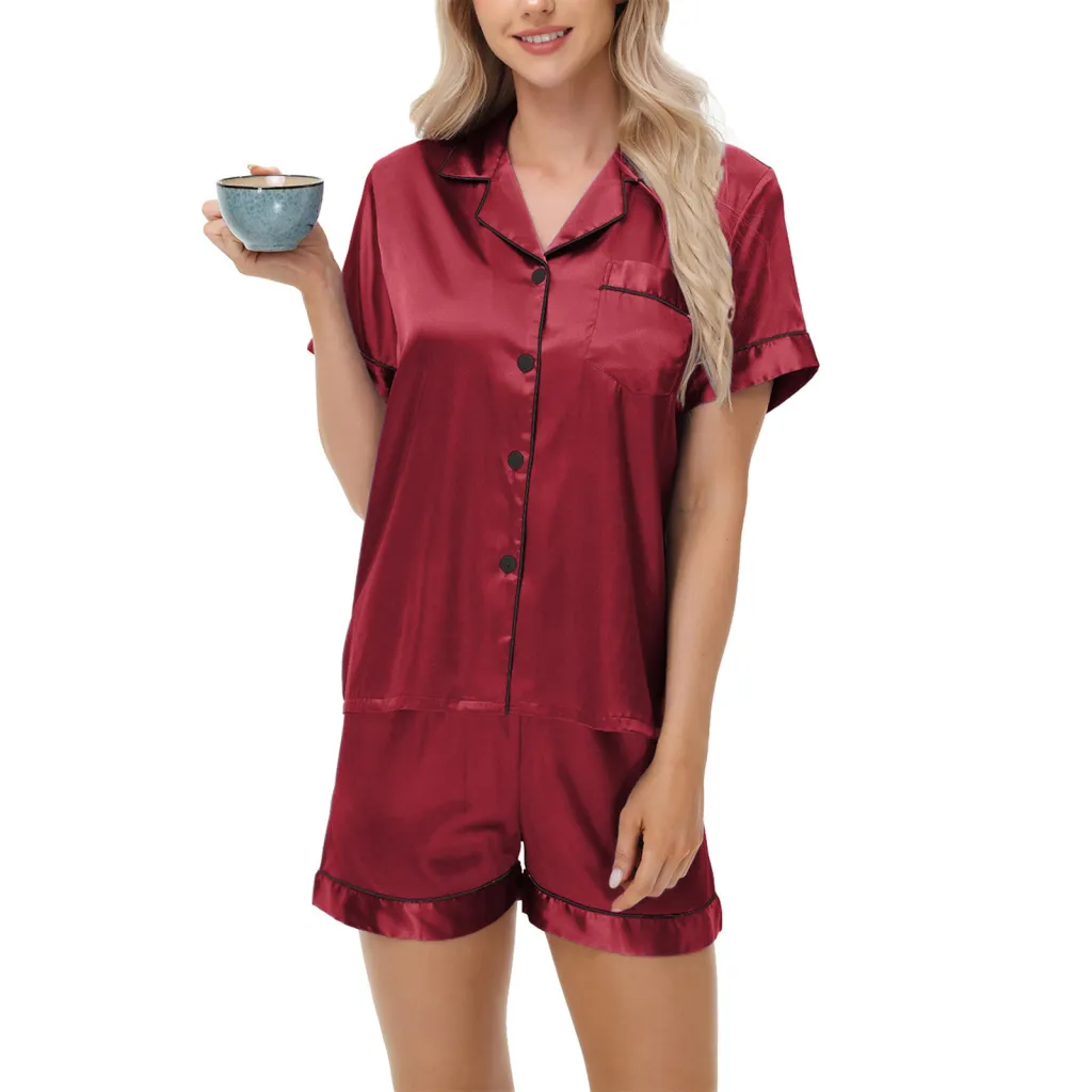 Ice Silk Women's Short Sleeve Satin Plus Size Pajamas - Red