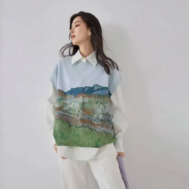 Retro Oil Painting Style Knitted Vest Sweater For Women Azure - Shop at LoveMi