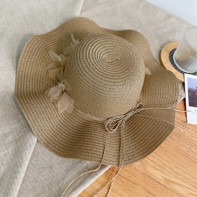Sun proof Bow Seaside Vacation Beach Large Straw Hat Khaki - Shop at LoveMi