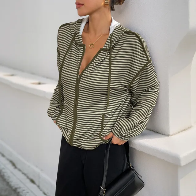 Idle Style Hooded Striped Women's Casual Jacket Green - Shop at LoveMi