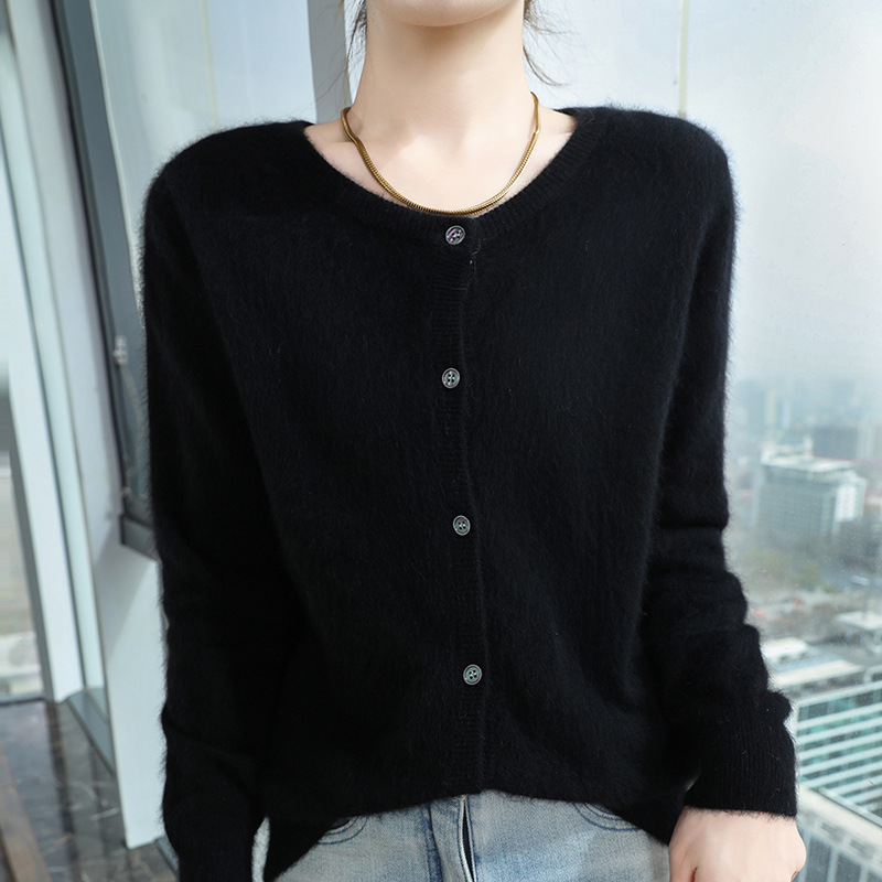 Womens Loose Button-up Solid-color Cropped Sweater With A Crew Neck